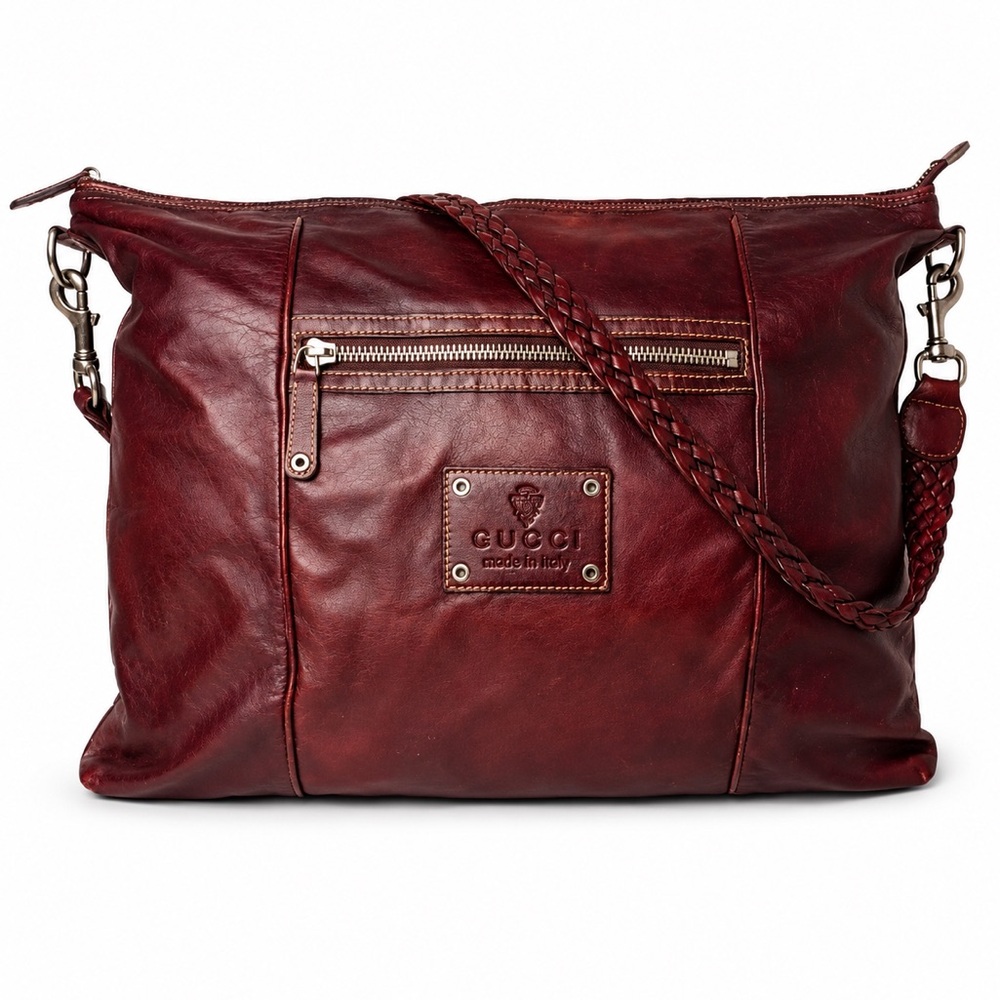 GUCCI SUPREME Burgundy Wine Leather Oversized
Crossbody Bag w/ Braided Strap